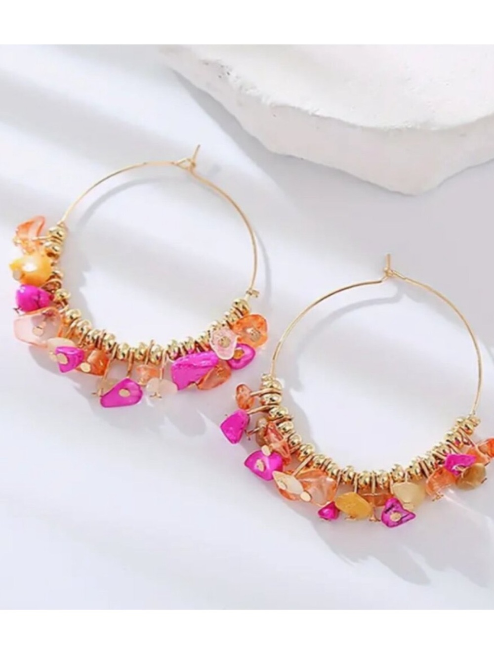 Pink Beaded Hoop Earrings Boho Statement Dangle Jewelry